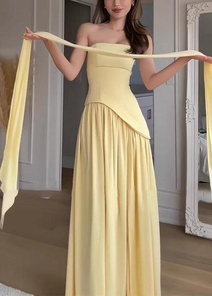 French Yellow Side Open Patchwork Strapless Dress Summer