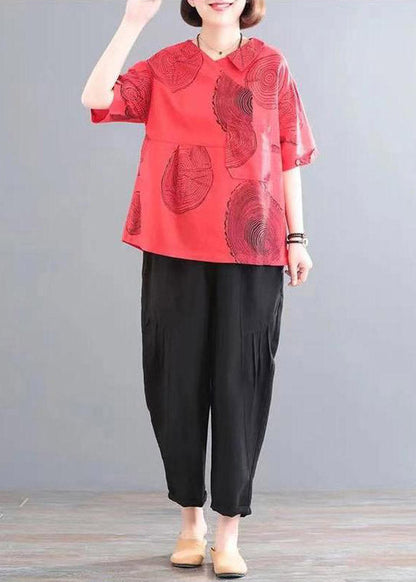 Red Patchwork Pockets Top and Crop Pants Two Piece Set Summer