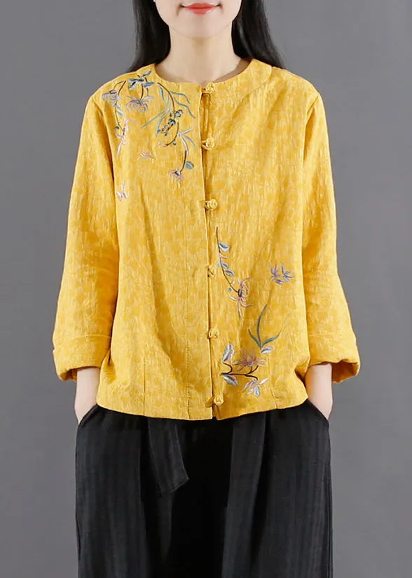 Yellow Embroideried Button Patchwork Cotton Coats Fall
