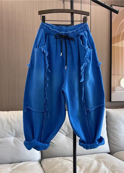 Diy Loose Rose Tasseled Pockets Patchwork Denim Pants Fall