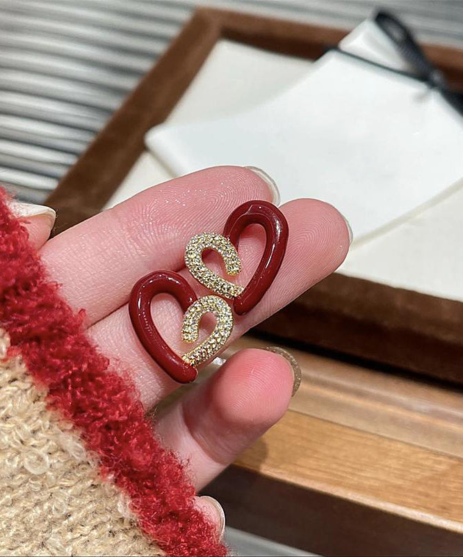 Diy Colorblock Asymmetric Copper Overgild Zircon Love Stud Earrings