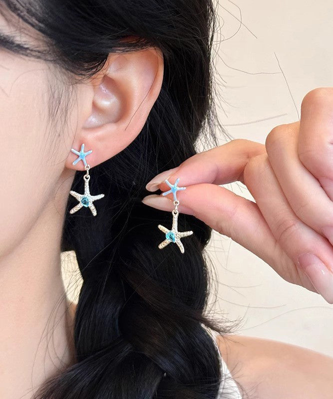 Diy Blue Copper Zircon Starfish Drop Earrings