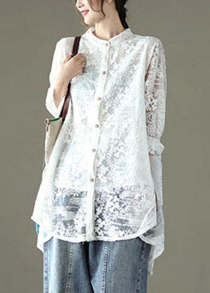Loose White Hollow Out Lace Upf 50+ Shirts Long Sleeve