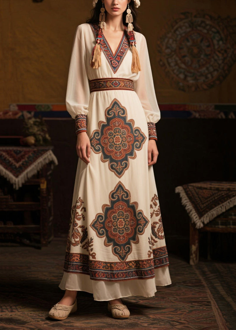 Style White Cinched Print Chiffon Long Dresses Fall