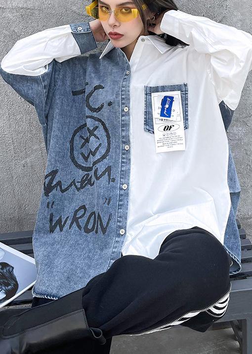 Letter Tunics for Lapel Patchwork Knee Spring Blouses