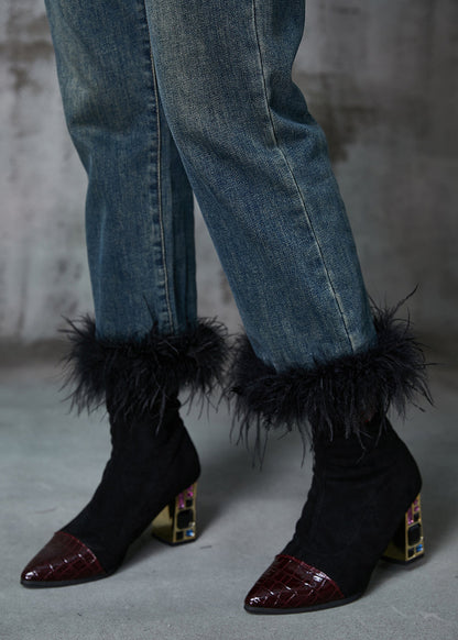 Navy Patchwork Feather Denim Pants Trousers Spring