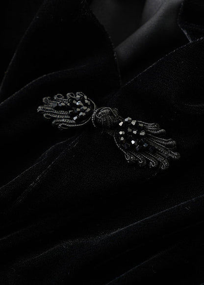 Black V Neck Button Silk Velour Tops Long Sleeve