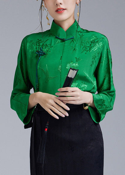 Green Stand Collar Jacquard Diagonal Button Silk Top Long Sleeve