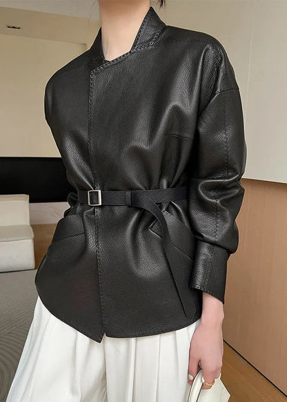 French Black Pockets Sashes Faux Leather Coats Spring