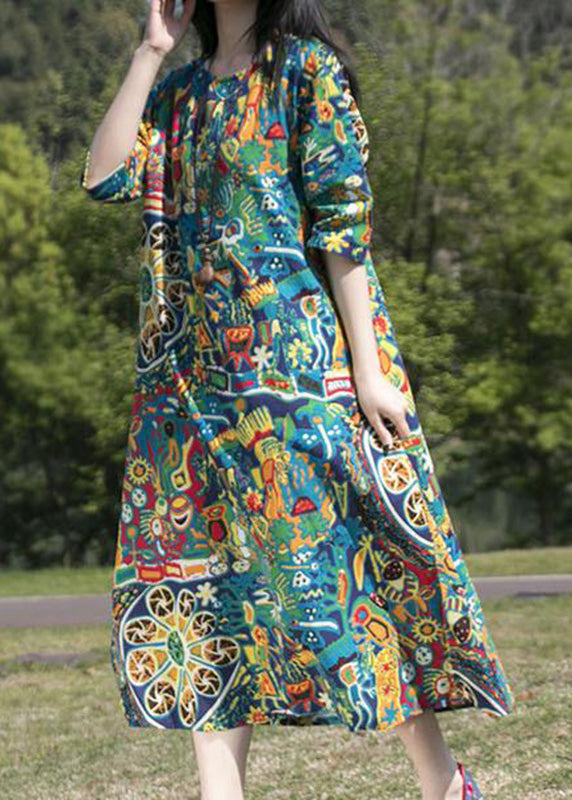 Loose Red O-neck Print Side Open Long Dress Half Sleeve