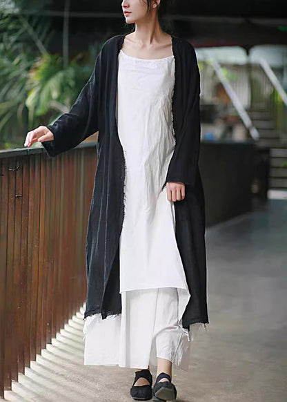 Beige Tasseled Pockets Linen Cardigan Long Sleeve