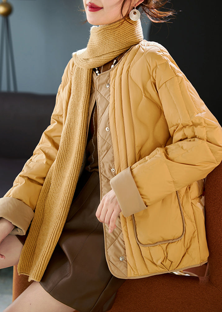Boutique Yellow O-neck Patchwork Free Scarf Duck Down Puffer Jacket Winter