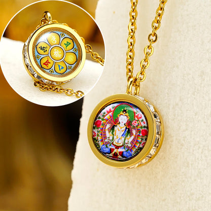 Buddha Stones Tibetan Yellow God of Wealth Green Tara Buddha Serenity Titanium Steel Necklace Pendant