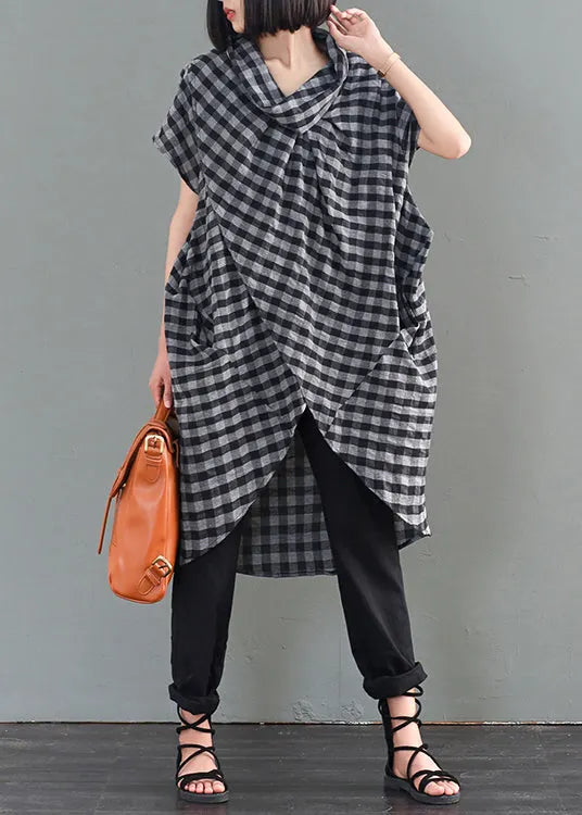 Diy Black Turtle Neck Asymmetrica Plaid Cotton Long Shirts Fall