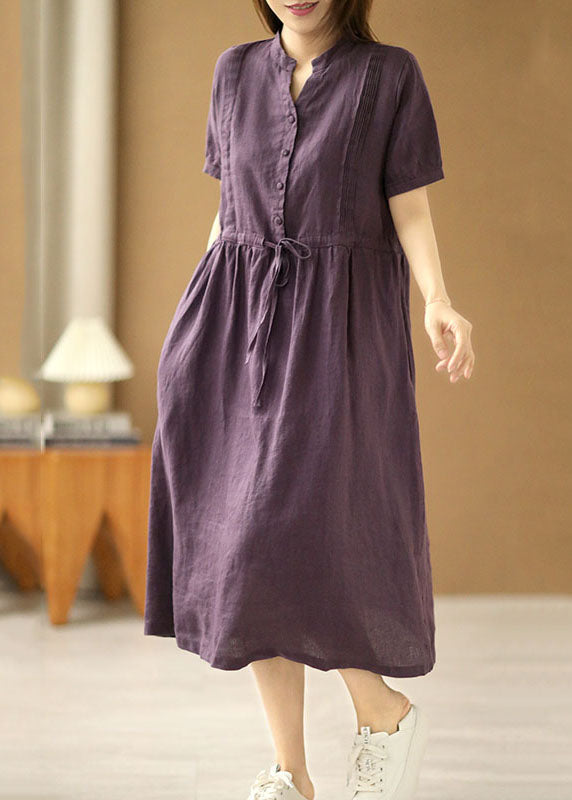 Purple V Neck Wrinkled Tie Waist Linen Long Dresses Short Sleeve