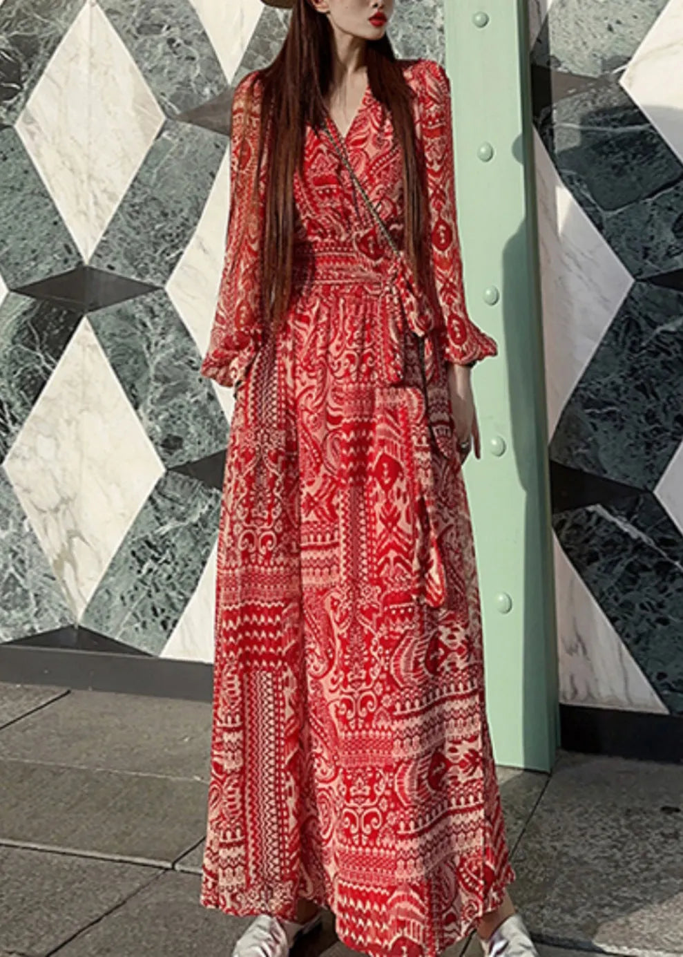 Red Print Tie Waist Vacation Long Dresses Spring