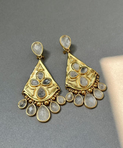 Gold Copper Overgild Crystal Fan-shaped Water Drop Tassel Drop Earrings