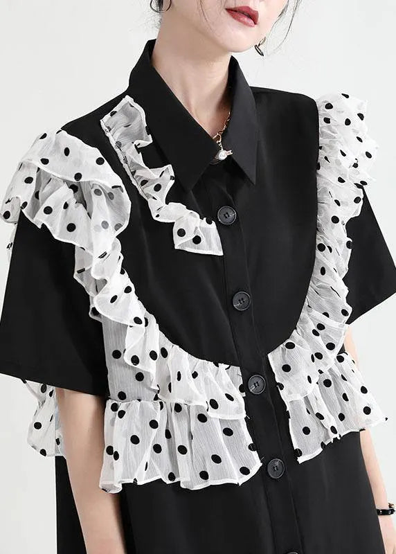 Black Ruffles Patchwork Summer Button Party Dress Short Sleeve
