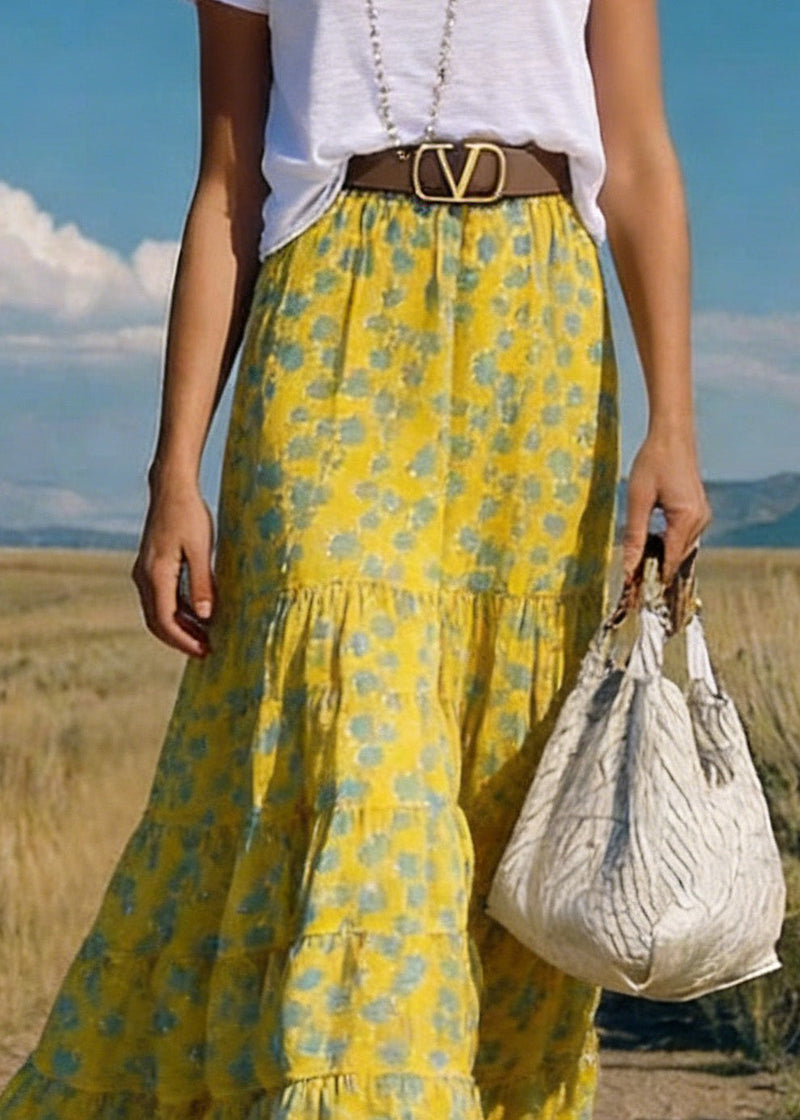 Yellow Print Wrinkled Chiffon Skirts Summer