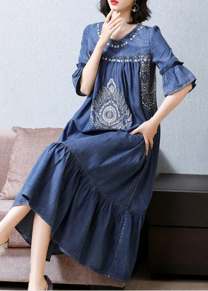 Blue O-neck Embroideried Ruffles Cotton Denim Dress Flare Sleeve