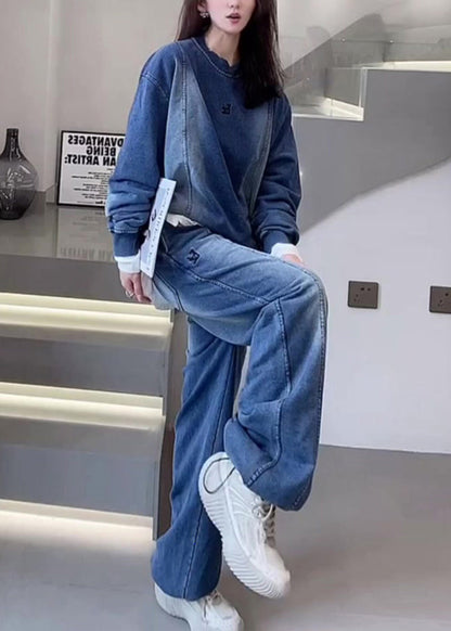 Blue Oversized Patchwork Denim Two Pieces Set Spring
