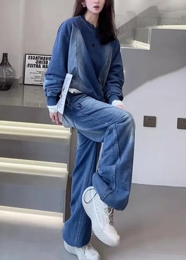 Blue Oversized Patchwork Denim Two Pieces Set Spring