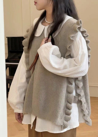 Loose Grey Ruffled Knit Vest and Shirts Two Pieces Set Spring