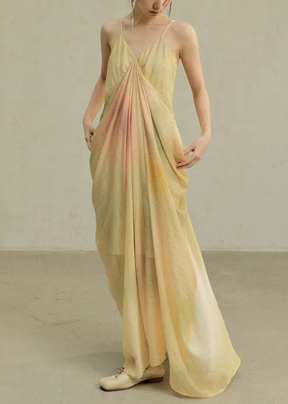 Novelty Yellow Tie Dye Wrinkled Cotton Spaghetti Strap Dress Sleeveless