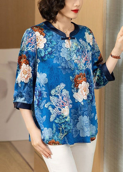 Blue O Neck Print Patchwork Silk Shirt Bracelet Sleeve