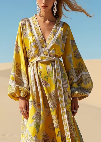 Yellow Tie Waist Print Chiffon Robe Dresses Spring