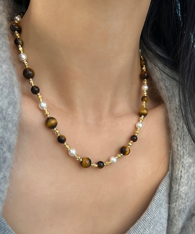 Gold Pearl Cat's Eye Stone Graduated Bead Necklace