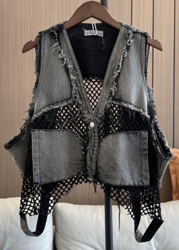 V Neck Pockets Breathable Mesh Patchwork Denim Vest Sleeveless