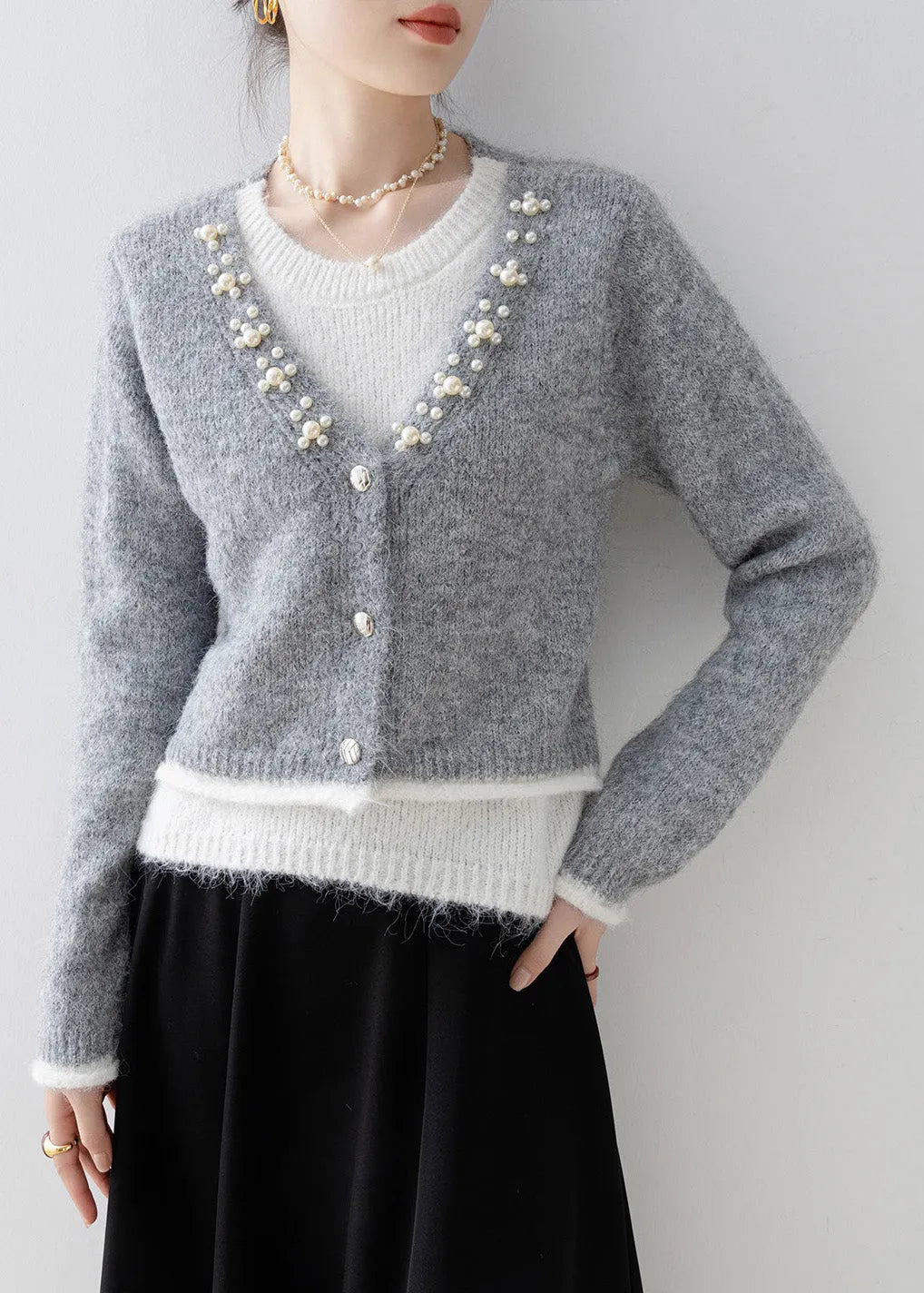 Boutique Grey Nail Bead Patchwork False Two Pieces Knit Sweaters Spring