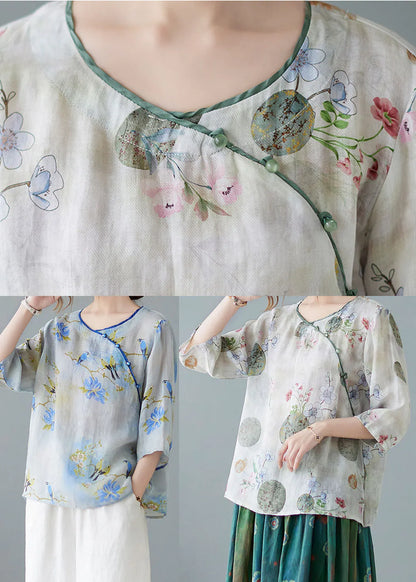 Modern Light Green O-neck Print Blouse Spring Top