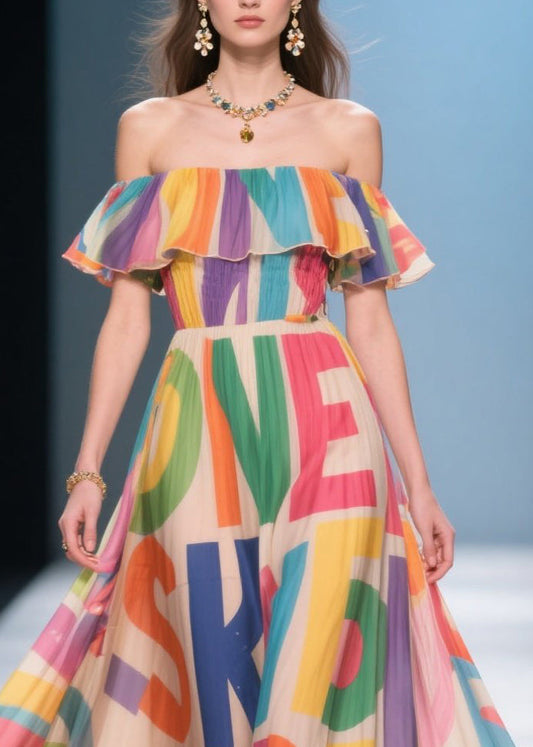 Apricot Cold Shoulder Print Silk Vacation Dress Summer