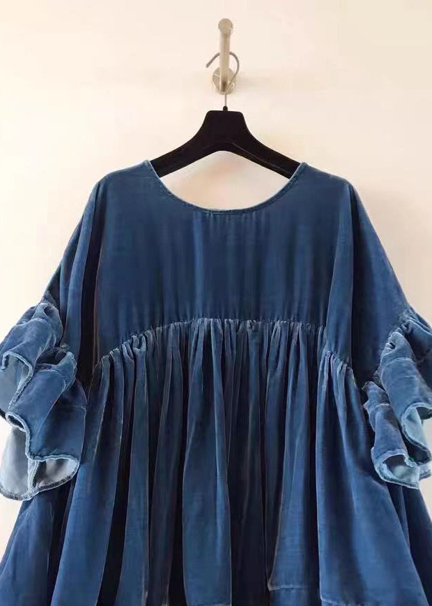 Blue Wrinkled Patchwork Velour Short Dress Butterfly Sleeve