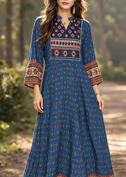 Blue V Neck Print Cotton Long Dress Summer
