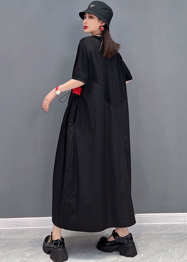 Stylish Black Drawstring Asymmetrical Patchwork Cotton Pleated Dresses Short Sleeve