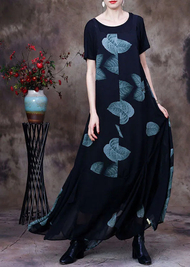 Black Asymmetrical Print Chiffon Strap Dress and Tanks Two Pieces Set Summer