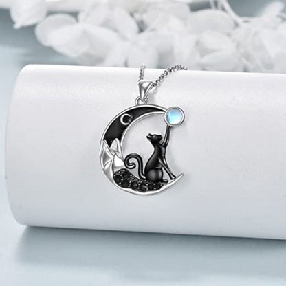 Moonchild's Mystique: Black Cat Crescent Moonstone Talisman Necklace