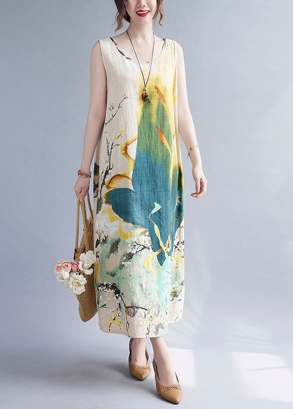 Beige Print O-neck Linen Vacation Dresses Summer