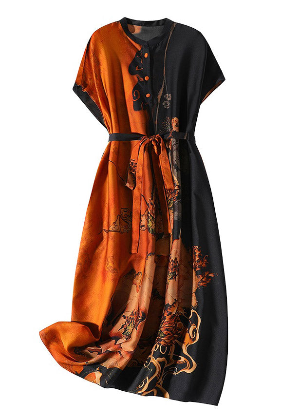 O-neck Print Button Tie Waist Silk Maxi Dresses Short Sleeve