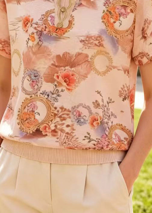 Apricot Peter Pan Collar Print Cotton Shirts Summer