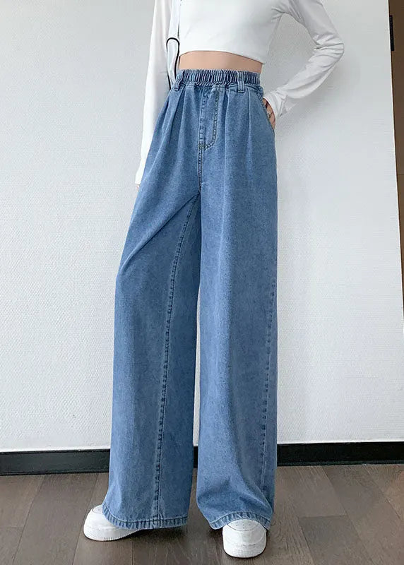 Blue Original Design Elastic Waist Pockets Cotton Denim Wide Leg Pants Summer