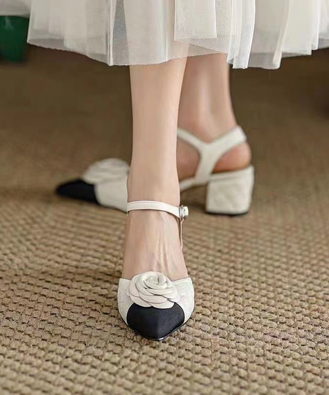 White Pointed Toe Chunky Heel Faux Leather Sandals