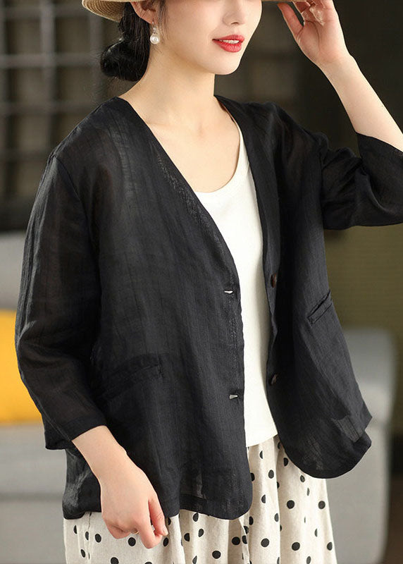 Coffee V Neck Pockets Striped Linen Jacket Summer