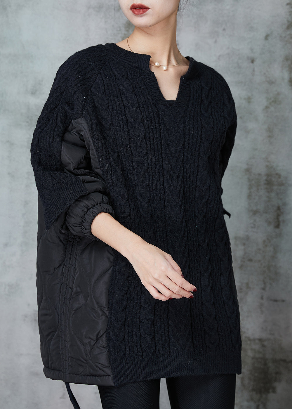 Black Cinched Patchwork Knit Sweatshirts Top Spring