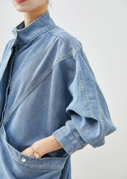 Blue Stand Collar Oversized Denim Coat Fall