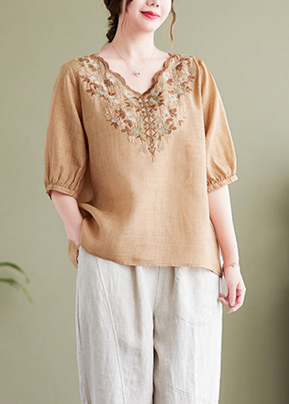 Khaki V Neck Cotton T Shirt Half Sleeve