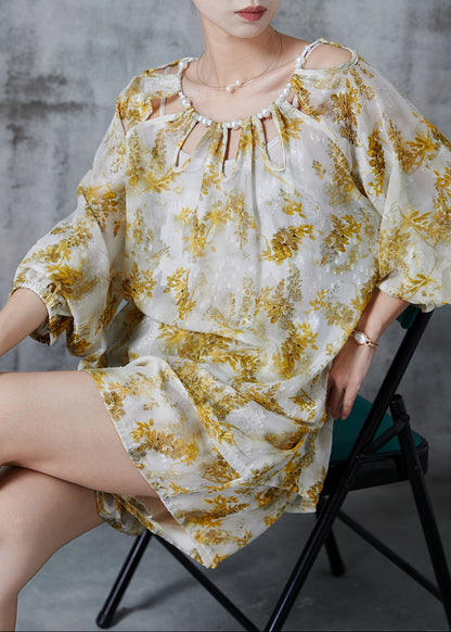 Boutique Yellow Print Hollow Out Chiffon Sets 2 Pieces Summer